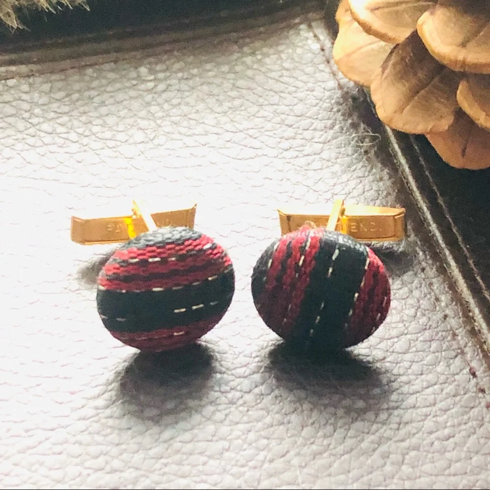 Vintage round red/black and silver fabric covered cuff links